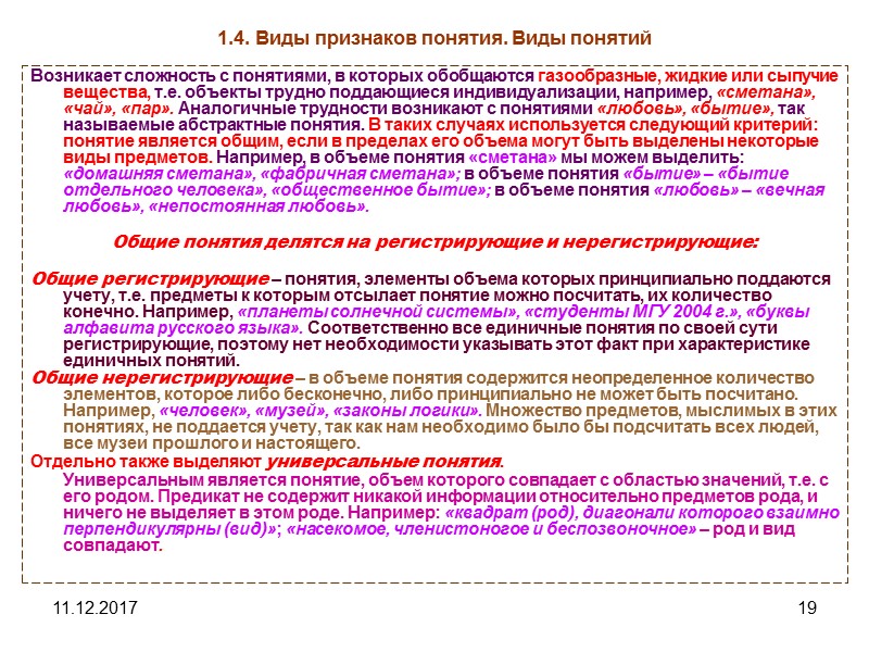 11.12.2017 19 1.4. Виды признаков понятия. Виды понятий Возникает сложность с понятиями, в которых